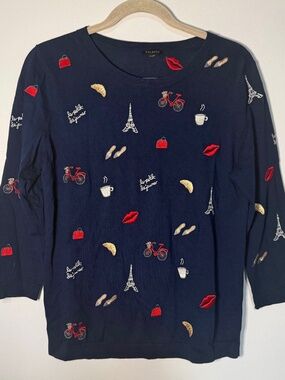 Talbots Sweater Small Navy Embroidered Paris France Preppy Stretch Travel